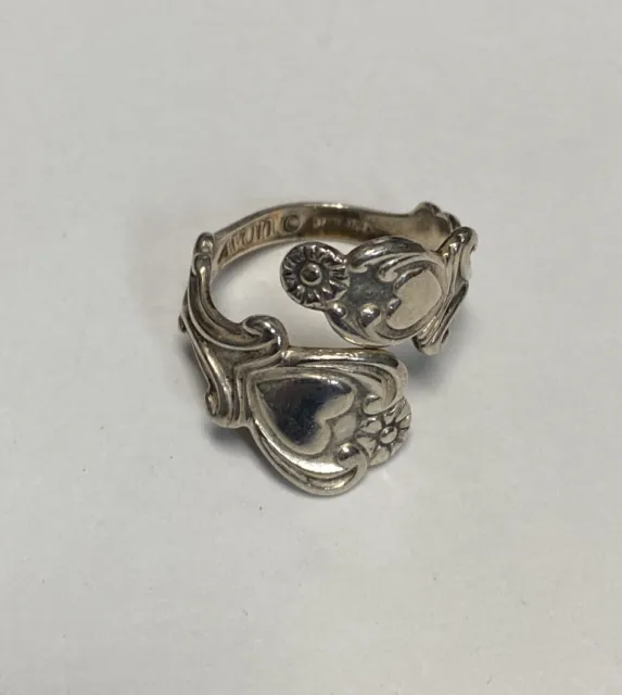 Avon Solid Sterling Silver Floral & Hearts Wrap Ring, Size 8.25, 523