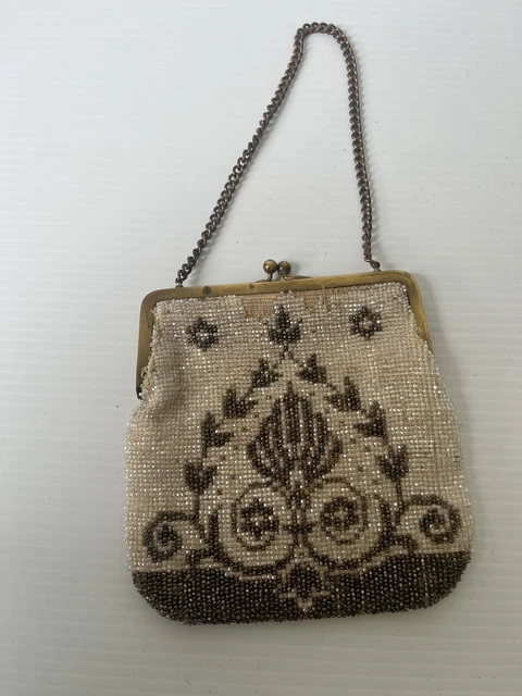 Art Deco 1920s Beaded Brown And White Tone Metal Framed Purse Evening Bag