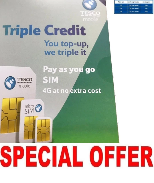 💥 Tesco Mobile Triple Credit Sim Card (Plus £30 FREE Credit) - Fit all Device💥