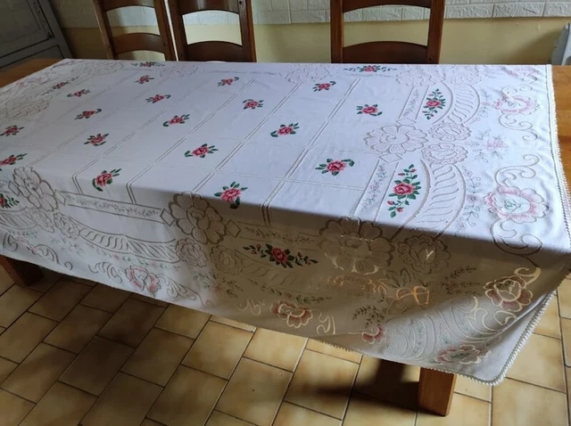 Nappe Et 9 Serviettes Damassé Blanc – Coton Lin, 160x260cm, Vintage