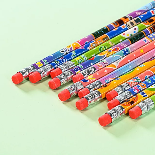 12pcs Wooden HB Pencil With Eraser Cute Sketch Drawing Pencil F`