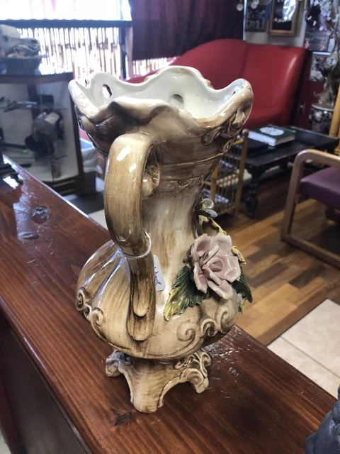 Schöne Vintage Capodimonte Porzellan 12,5"" Vase/Urne Italien Keramik Blumenmuster 4