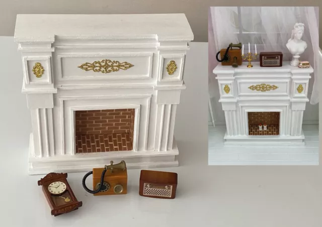 Retro 1:6 miniature dollhouse fireplace radio wall clock rotary phone furniture