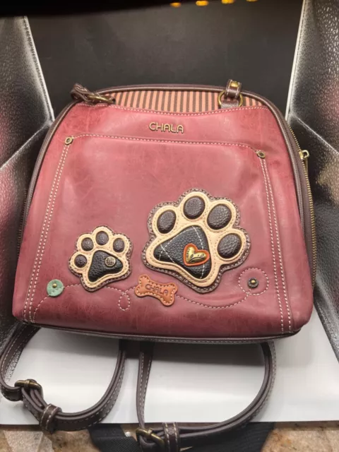 New Chala Burgundy Dog Pawprint Convertible Backpack Purse Faux Leather Canvas