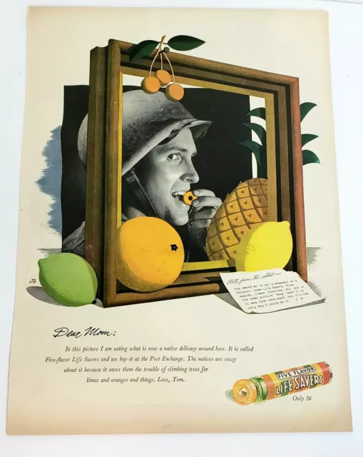 Vintage LIFE SAVERS Five Flavor Original Print Ad WWll Soldier Letter 1944