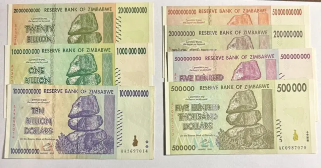 Lot Of 7 Zimbabwe Dollars Banknotes - Uncirculated-500K To 50 Billion - Pictures