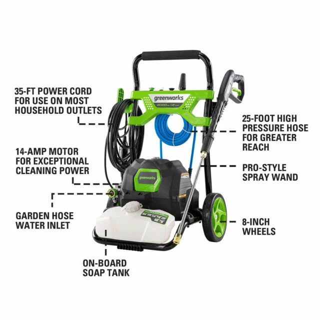 GREENWORKS 2000 PSI Electric Pressure Washer 1.2 GPM with 25Ft Hose