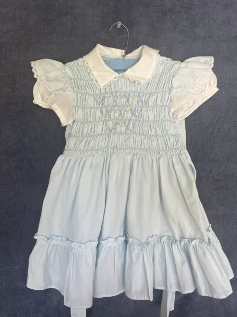 Vintage Girls Dress Polly Flinders Blue Hand Smocked Size 4