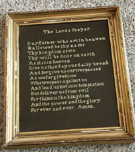 19th c. Original Framed Religious Needlepoint Sampler of The Lords Prayer