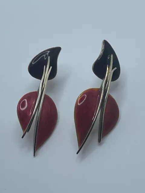 Walkey Signed Sterling Silver Enamel Leaf Hinged Dangle Earrings 3