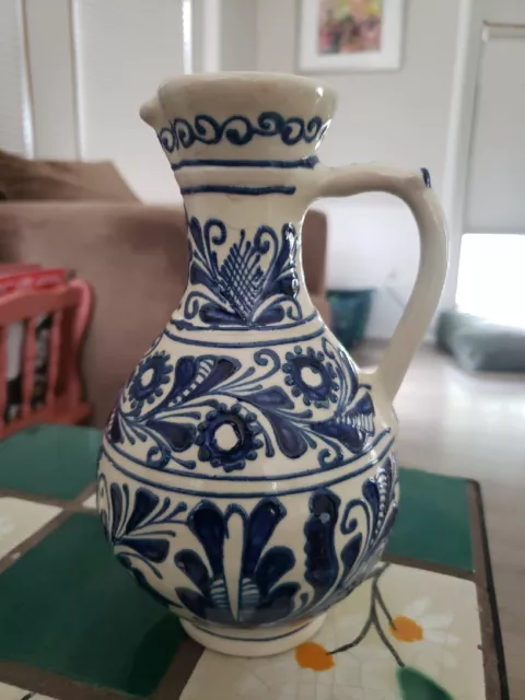 Vintage Blue & White Romanian Folk Art Pottery 8.5" Pitcher by Mathe Denes