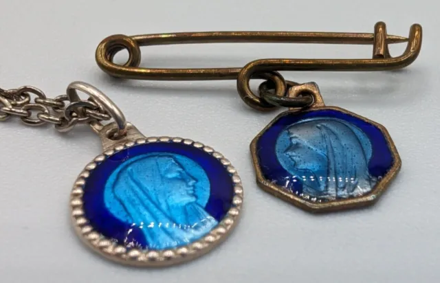Vintage Blue Enamel Virgin Mary Pendant and Brooch/Medal (Our Lady of Lourdes)