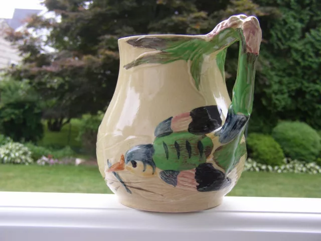 Antique MAJOLICA Art Pottery Bird PITCHER Hummingbird Branch Handle Floral Japan