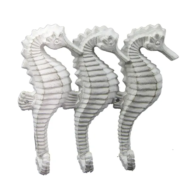White Seahorse Triple Hooks Wall Plaque 7.75 Inches Painted Cast Iron