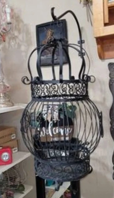 Antique black wrought iron BIRD cage standing or hanging swing 30 X 17 in