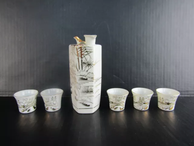 6 Piece Japanese Kutani Gold Whistling Bird Sake Set with Mt. Fuji & Pagoda
