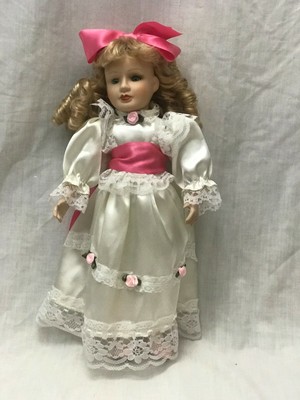 Porcelain Doll Blond Curly Hair Blue Eyes, White Satin Dress 16"