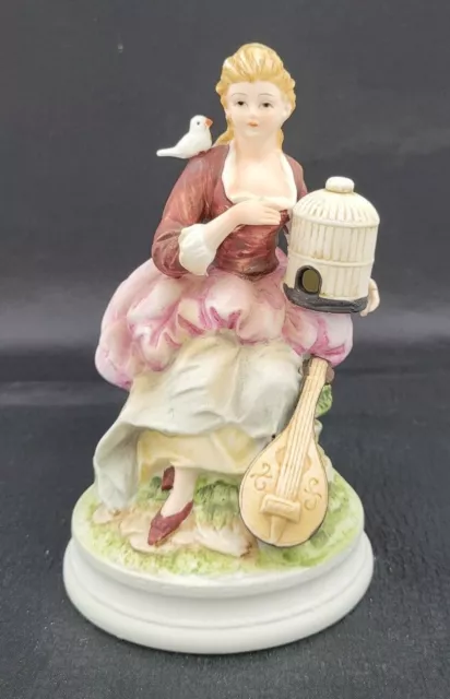 Vintage Andrea Sadek Figurine Woman Pigeons Birds Mandolin Cage 7977 Colonial