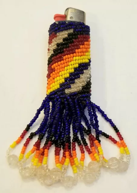 Handmade Seed Bead Beaded Mini Lighter Case Cover Native Indian American Tassles