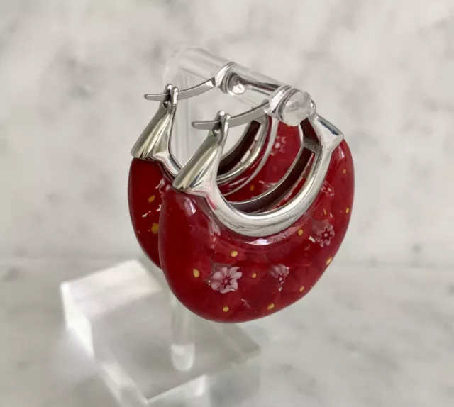 Red Murano Style Basket 1.50" Hoop Earrings Flower Design Stainless Steel 