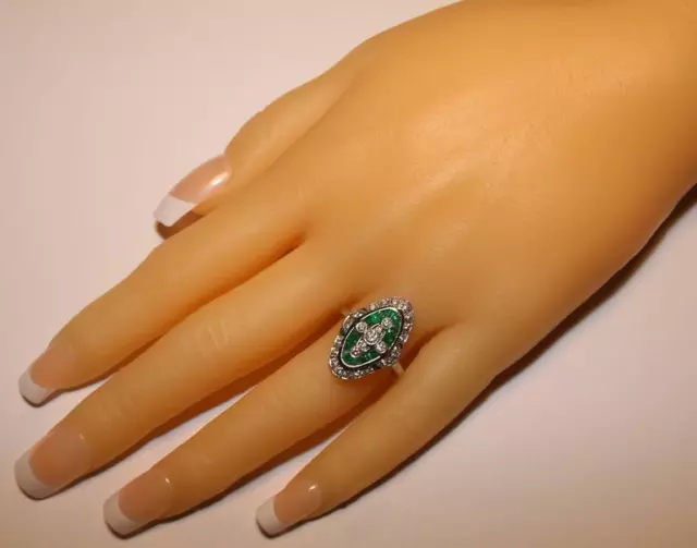 Mid-Century Green Emerald With Old European Cut CZ Art Deco Women's Fine Ring