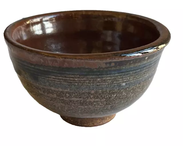 Handmade Signed Studio Art Stoneware Pottery Bowl Dish Brown Blue Striped 3.5"