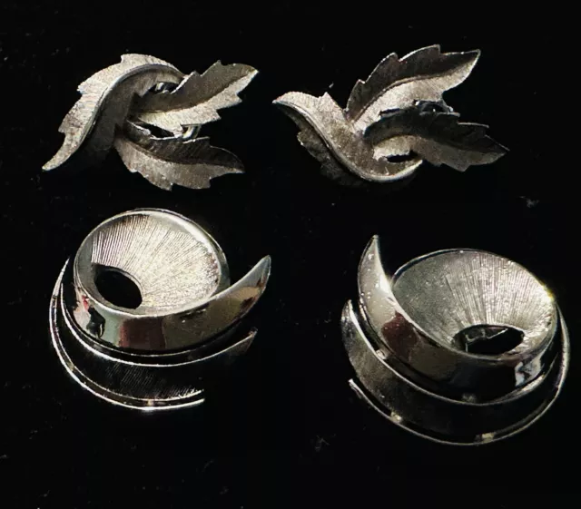 2 Pair Crown Trifari Silver Tone Clip on Earrings Leaf Circle Swirls Brushed