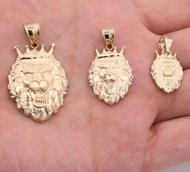 Men's Diamond Cut Lion Head Charm Pendant Real Solid 10K Yellow Gold ALL SIZES