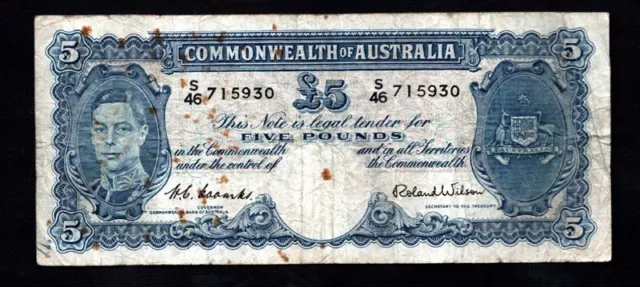 Commonwealth of Australia King George VI Large Five Pound Banknote VERY SCARCE