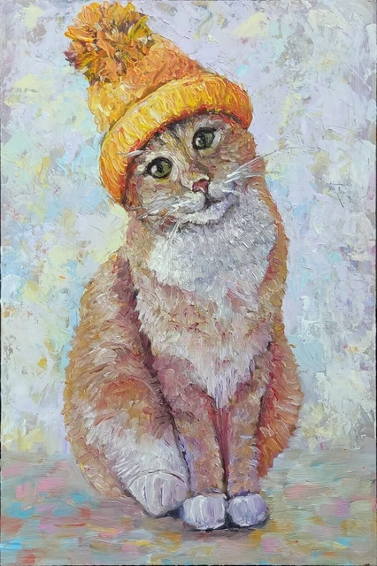 Dipinto gatto con cappello giallo Simpatico gatto Dipinti ad olio originali...