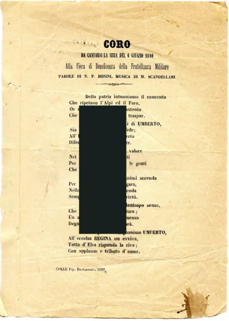 1880 - Fiera Beneficenza Fratellanza Militare - Tip. Bastianoni - Colle 1880 - Fiera Beneficenza Fratellanza Militare - Tip. Bastianoni - Colle
