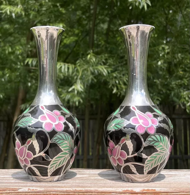 Spahr Art Deco Silver Overlay Porcelain Floral Matching Vases