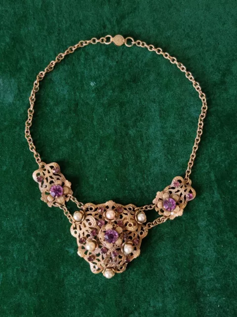 Vintage CZECH Purple Glass Faux  Pearl Filigree 20s NECKLACE - 14 Inch