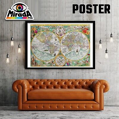 Poster/Tela Canvas 30x40cm Arredamento Antica Mappa 1646 Mondo World Cartina Geografica Mondo Carta Fotografica 
