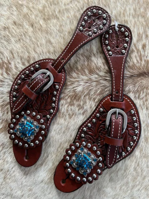 Ladies Tooled Genuine Leather Teal Bling Western Pair Spur Straps
