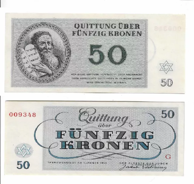 50 kronen banknote issued in 1943 by Theresienstadt Concentration Camp aunc