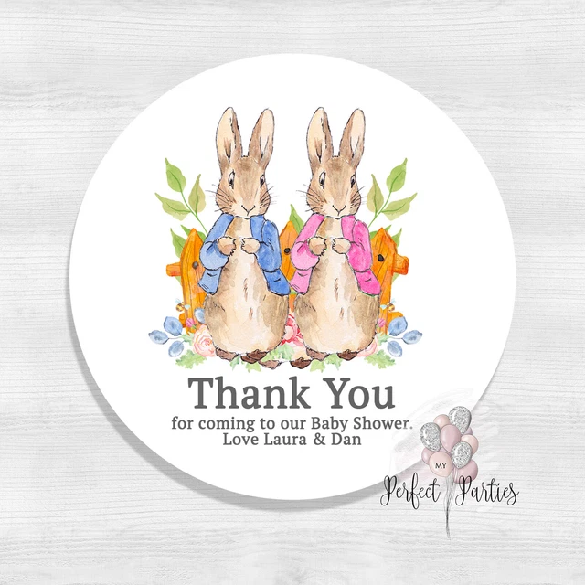 35 Personalised Peter Rabbit and Flopsy Rabbit Baby Shower Thank You Stickers