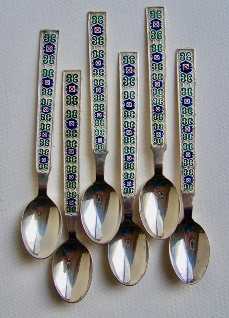 Six Korean Silver and Enamel Coffee / Dessert Spoons