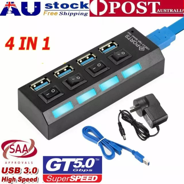 4 Port USB 3.0 HUB Powered AC Adapter Cable High Speed Splitter Extender & Kit