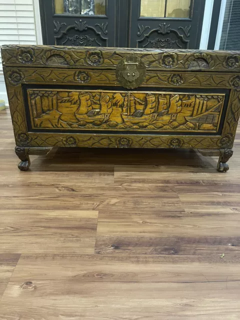 Antique Chinese Chest Luggage Box Carved Camphor Wood with jewlery boxes