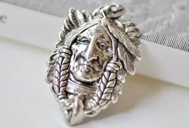 big CHIEF HEAD FEATHER NATIVE TRIBE pendant 24" Sterling Silver 925 necklace men