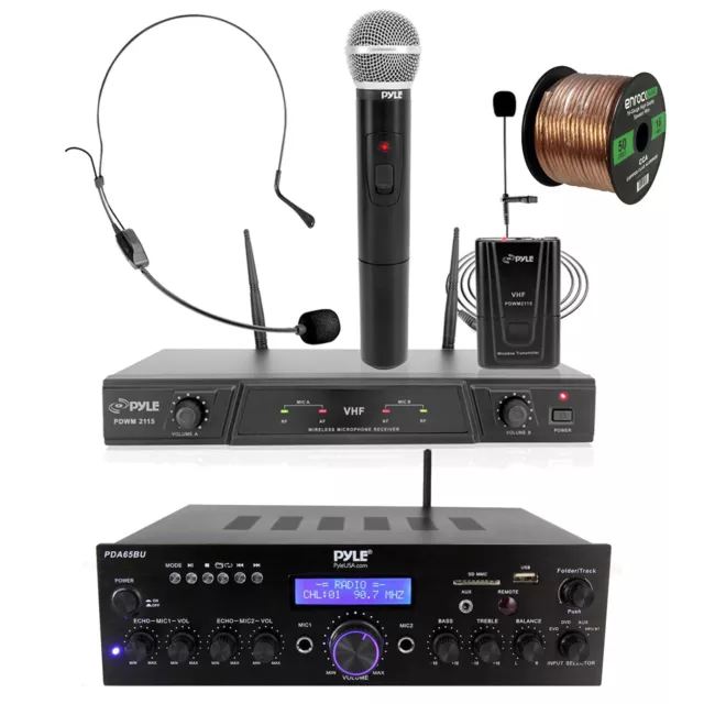 Pyle Home Stereo Amplifier Receiver, Wireless Microphone System + Speaker Wire