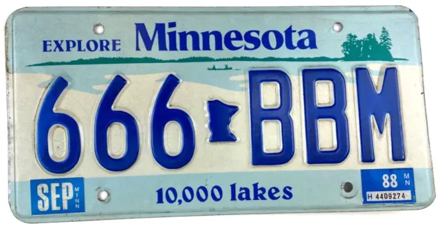 Vtg Minnesota 1988 License Plate Auto Man Cave 666 BBM Garage Decor Collector