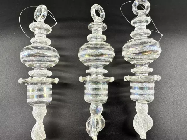 Restoration Hardware Handblown Glass Ornaments 3 Clear 6” Swirl Finial Christmas