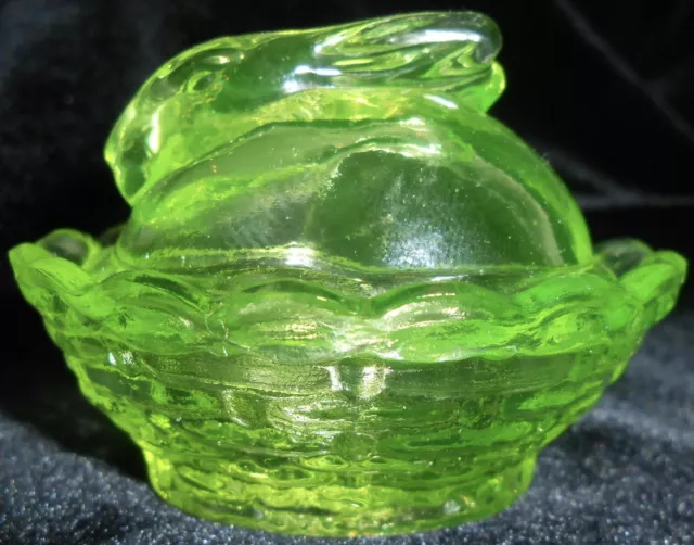 green Vaseline Uranium glass Bunny rabbit on nest basket Easter egg salt cellar 