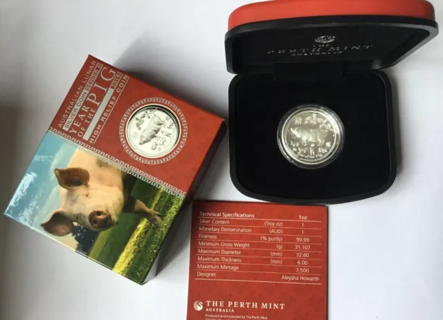 2019 Year of the Pig 1oz 9999 Silver PROOF High Relief Low Mintage