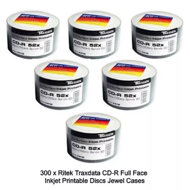 300 x Ritek Traxdata CD-R Full Face 52x 4.7GB Inkjet Printable Discs in Shrink