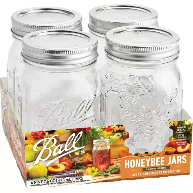 Ball Honeybee Keepsake Mason Jars Lids Bands Regular Mouth Pint 4-Pack 16 oz