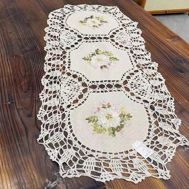 15"x33" Vintage Hand Embroidered Crochet Table Runner Oval Dresser Scarf Doily