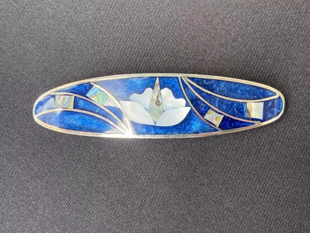 Vtg Estate Blue Shell Mosaic Hair Barrette Silver Tone Signed Mexico 3.75”